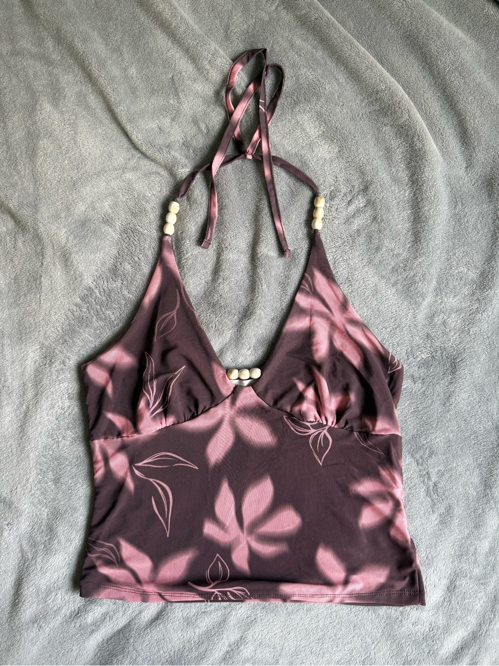 Pink Rose Mauve Floral Halter Camisole with Bead Accents